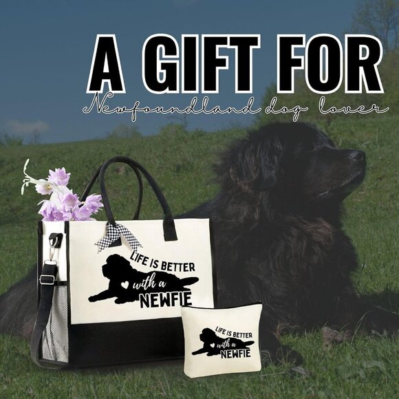 Newfoundland Dog Canvas Bag Women Mother's Day Gift with Zipper & Shoulder Strap - Picture 6 of 7